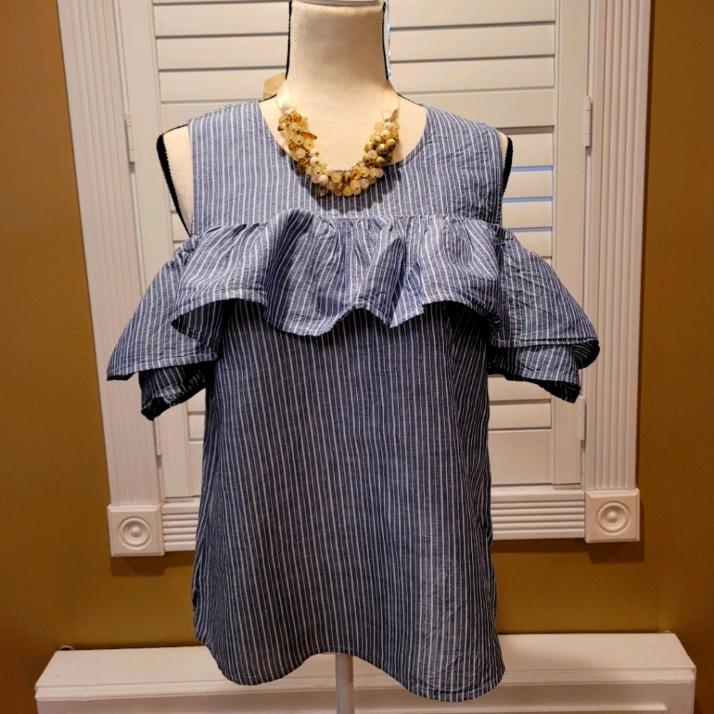 J.Crew Cold Shoulder Ruffle Chambray Striped Top - image 1